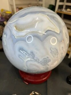 Huge Blue Moss Agate Sphere With Rotating Stand