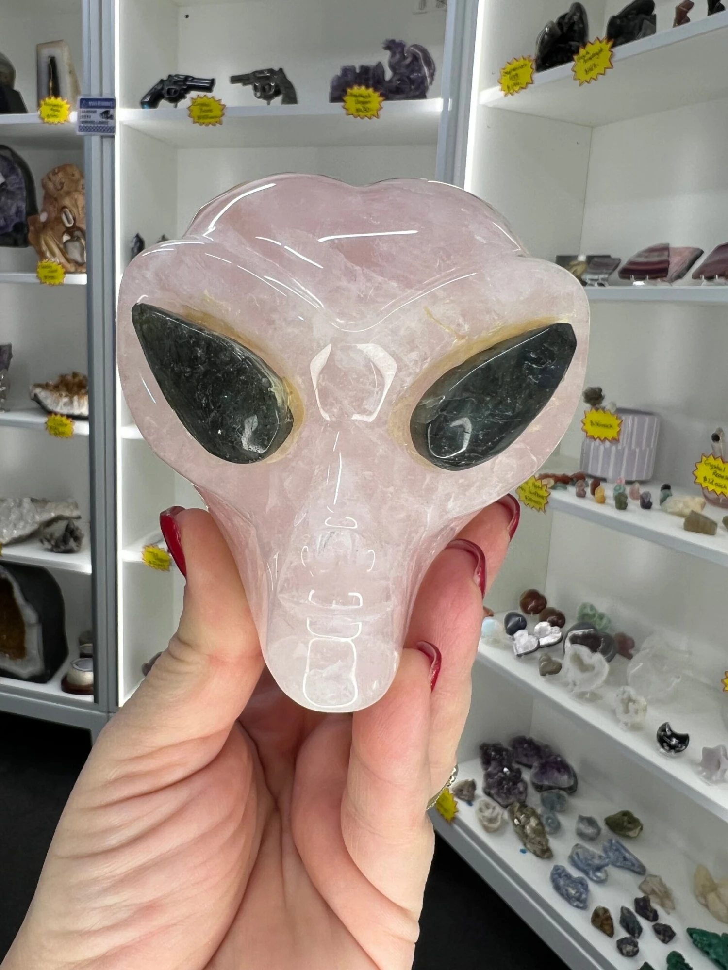 Rose Quartz Alien Head With Labradorite Eyes 3 Rose Quartz Alien Head With Labradorite Eyes