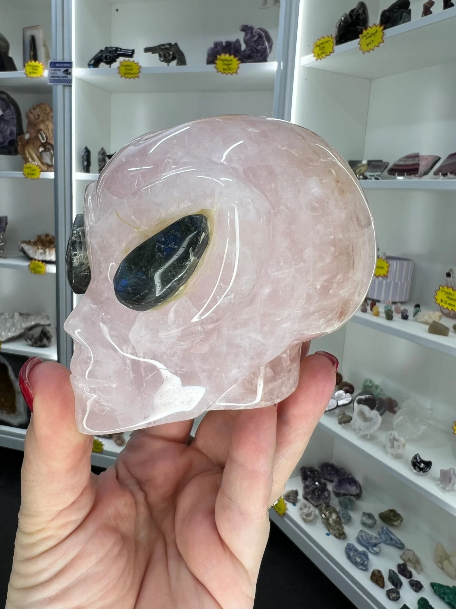 Rose Quartz Alien Head With Labradorite Eyes 4 Rose Quartz Alien Head With Labradorite Eyes - Image 2