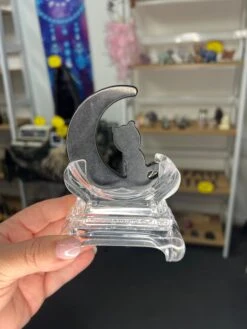 Black Obsidian Cat On Moon With Stand